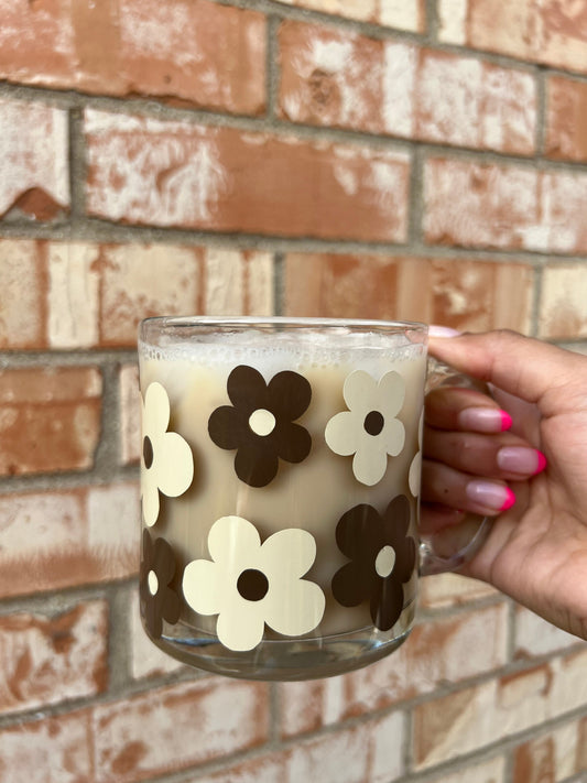 Glass Mug with Brown Flowers