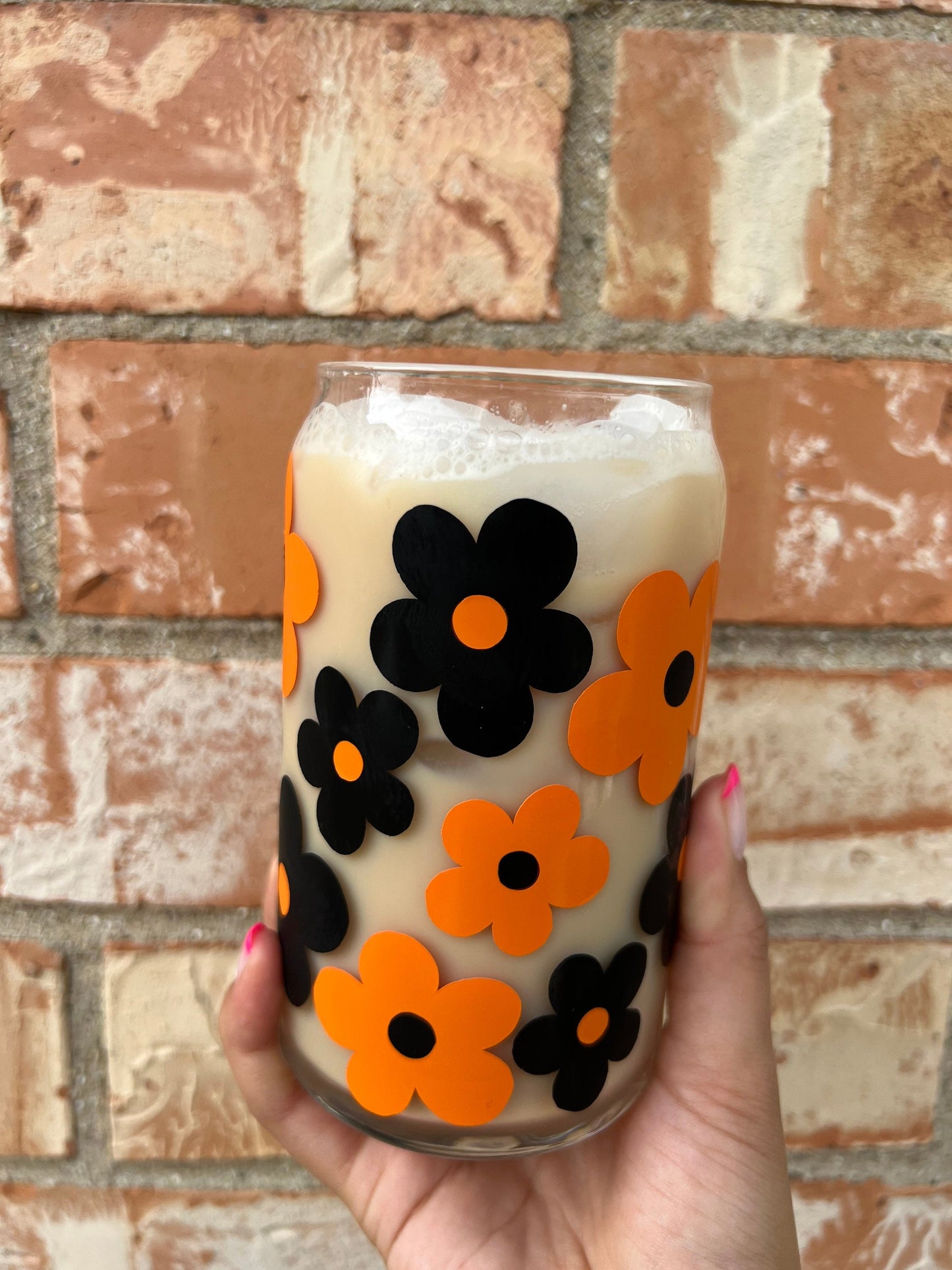 Glass Coffee Cup with Orange and Black Flowers