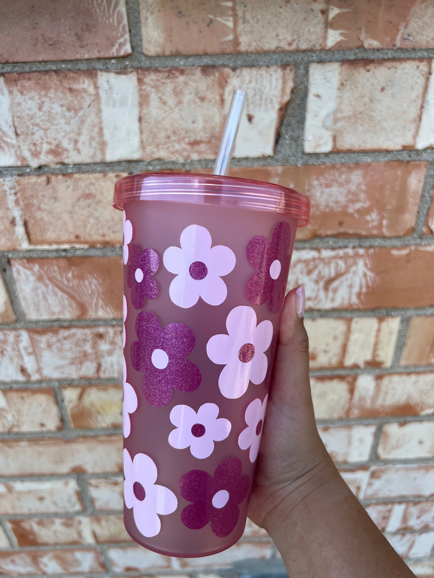 Sparkly Pink Flower Tumbler